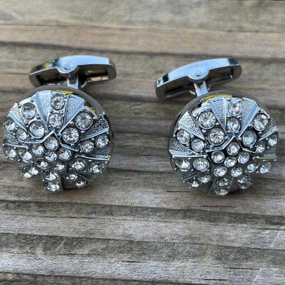 Cuff Links Men Shirt Crystal Accent Studd Cufflink Silver Tone Cuff link - Picture 2 of 12
